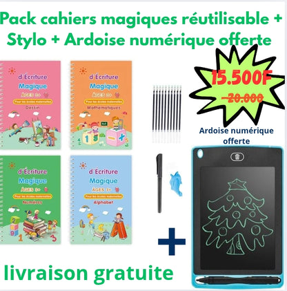 Pack Cahiers Magiques Réutilisables + Stylo – Apprentissage Écriture Enfant + Ardoise Numérique Offerte”