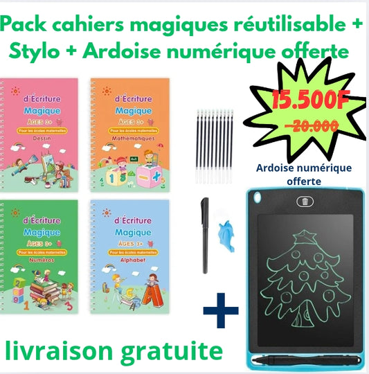 Pack Cahiers Magiques Réutilisables + Stylo – Apprentissage Écriture Enfant + Ardoise Numérique Offerte”